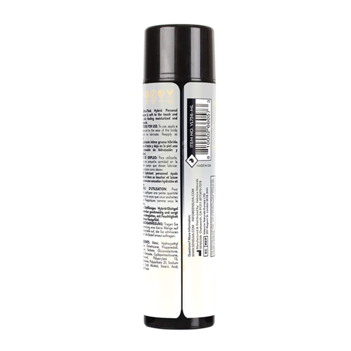 Rear view of the Sensuva Ultra Thick Hybrid personal moisturizer bottle standing against a white background. The label displays usage instructions in multiple languages, ingredients, and a vertical barcode.