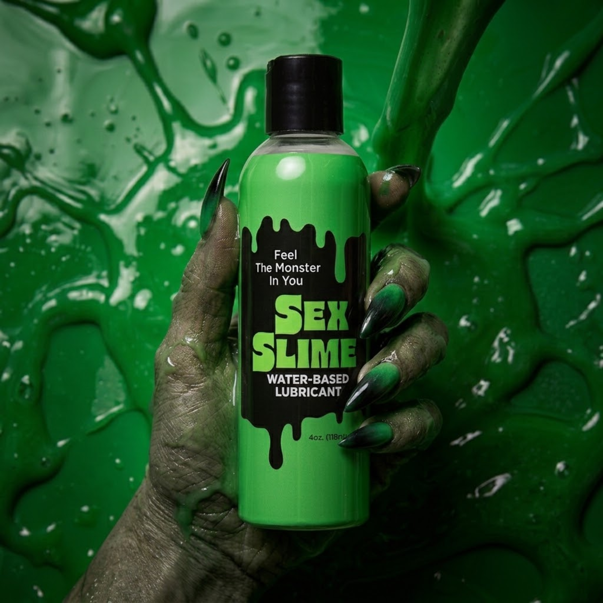 Atmospheric lifestyle product shot featuring a monster-like textured hand with long green-and-black gradient nails holding a 4 oz (118 ml) bottle of green Sex Slime Water-Based Lubricant over a surface covered in thick green goo.
