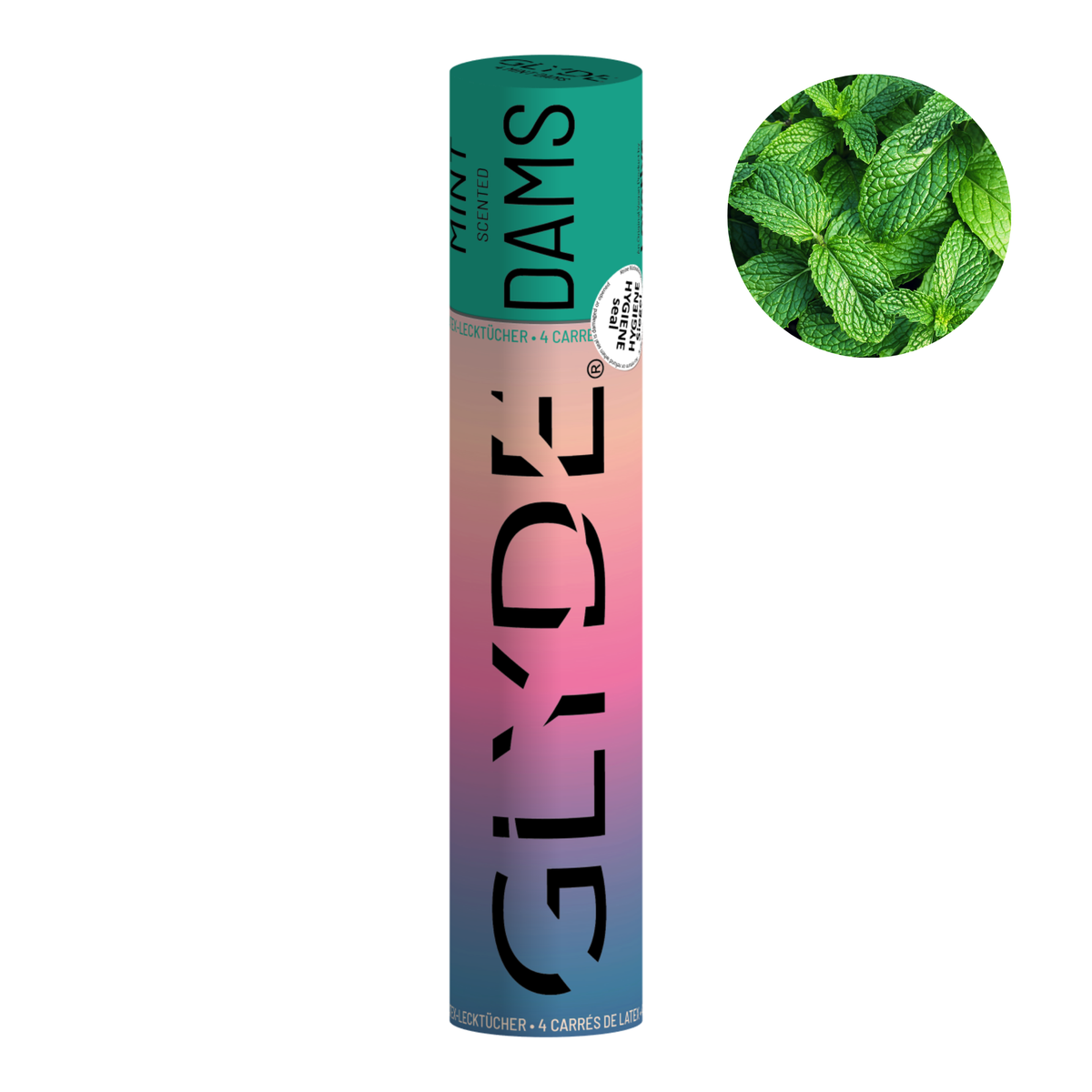 GLYDÉ Mint Scented Dental Dams in a colorful cylindrical package, with an inset circular image of fresh mint leaves, indicating flavor. Main image
