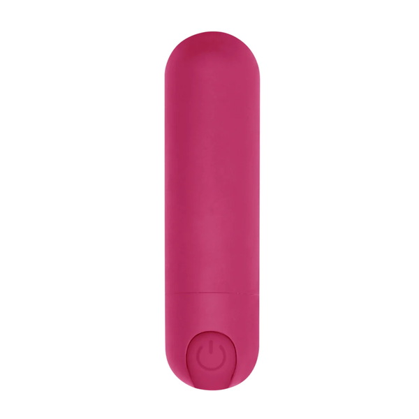 Top-down view of the pink rechargeable bullet vibrator showing the power button/charging point.