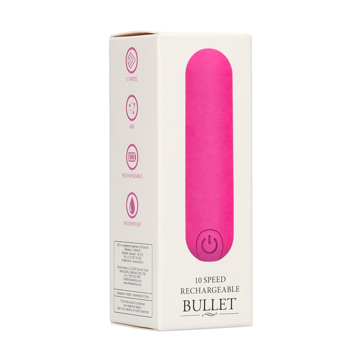 Packaging for a pink 10 Speed Rechargeable Bullet vibrator, showing features like ABS material, rechargeable battery, and waterproof design. Imagen principal del producto