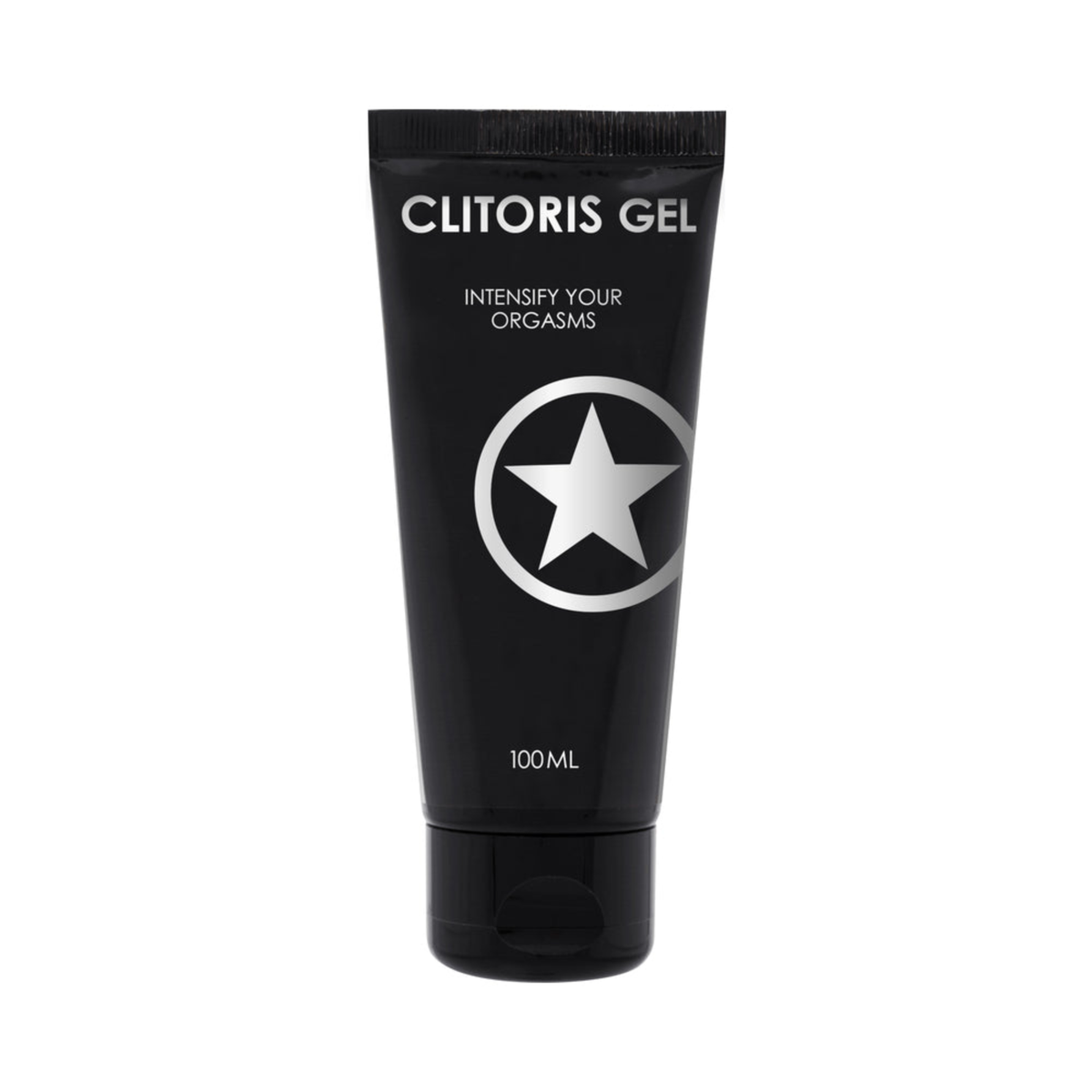 Front product view of a 100 ml (3.38 fl oz) matte black squeeze tube of Shots Clitoris Gel featuring white text stating "Intensify Your Orgasms" and a large silver star emblem at the center. Main image