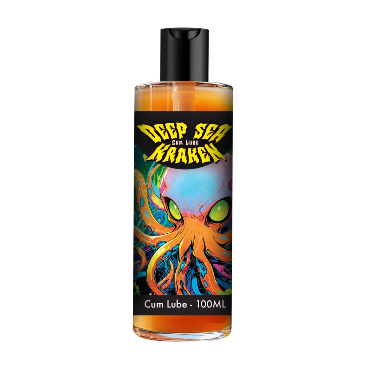 Front studio shot of the clear bottle filled with amber-orange lubricant, featuring a colorful illustration of an octopus-like kraken beneath yellow logo text reading "Deep Sea Kraken Cum Lube". Main image