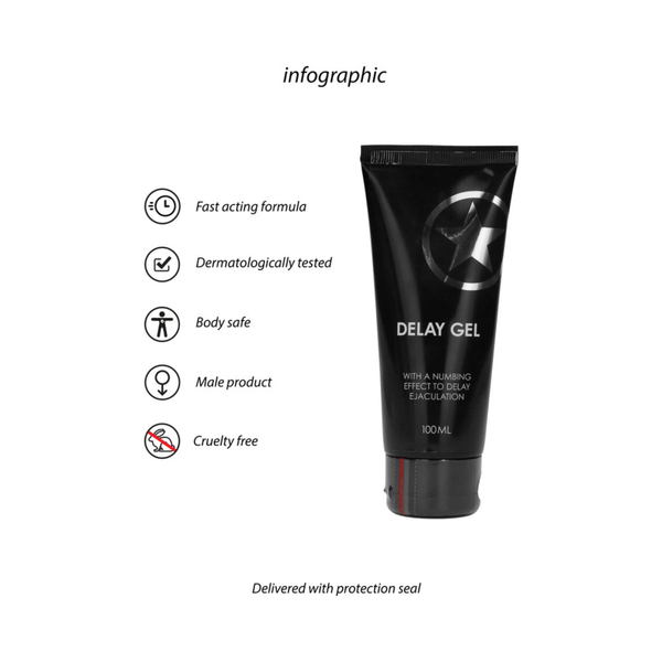 Product infographic featuring the 100 ml Shots Delay Gel tube alongside key product feature icons: fast-acting formula, dermatologically tested, body-safe, male product, cruelty-free, and delivered with a protection seal.