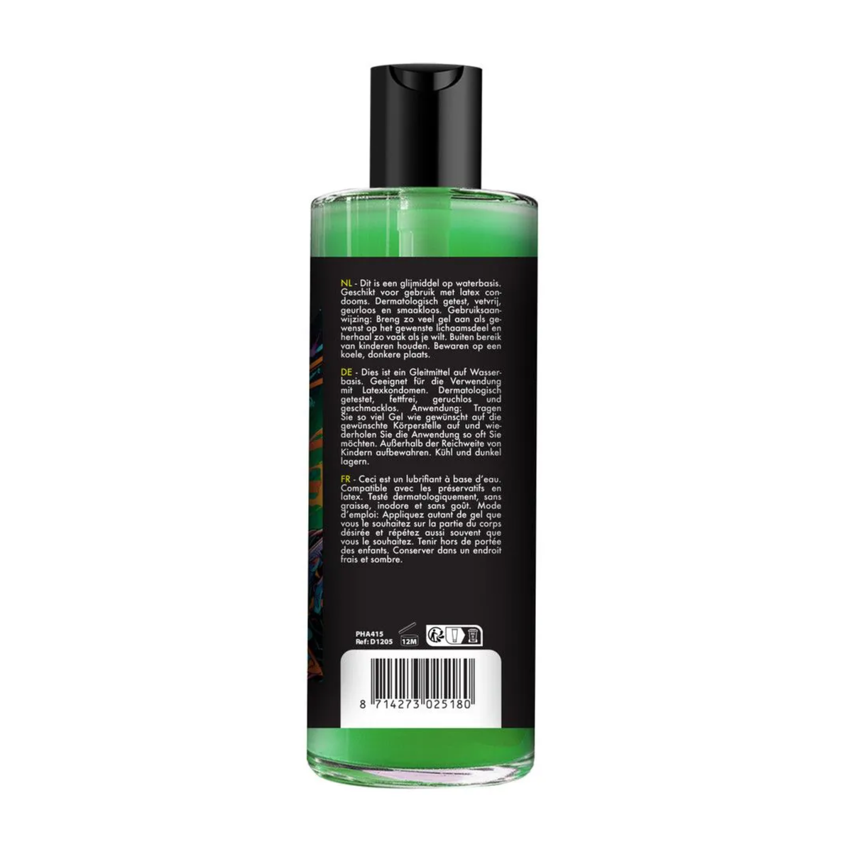 Back view of a clear bottle filled with bright green lubricant, showcasing a black label with multi-language product directions, barcode, and recycling icons.