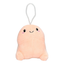 Front studio shot of a 3.94-inch novel plush novelty toy shaped like a stylized penis with an embroidered smiling face, pink blushing cheeks, and a white hanging cord attached at the top.