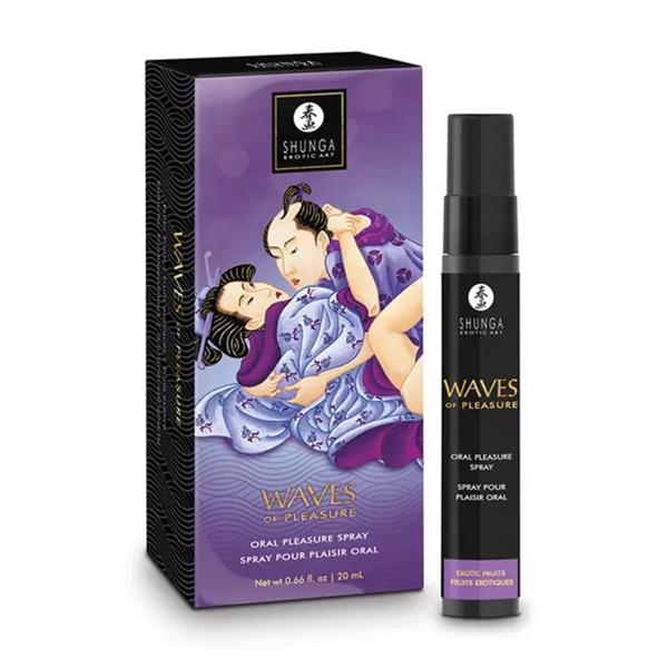 Direct studio view of the 20 ml (0.66 fl oz) black spray bottle standing next to its purple Japanese-inspired artistic packaging box featuring traditional art.