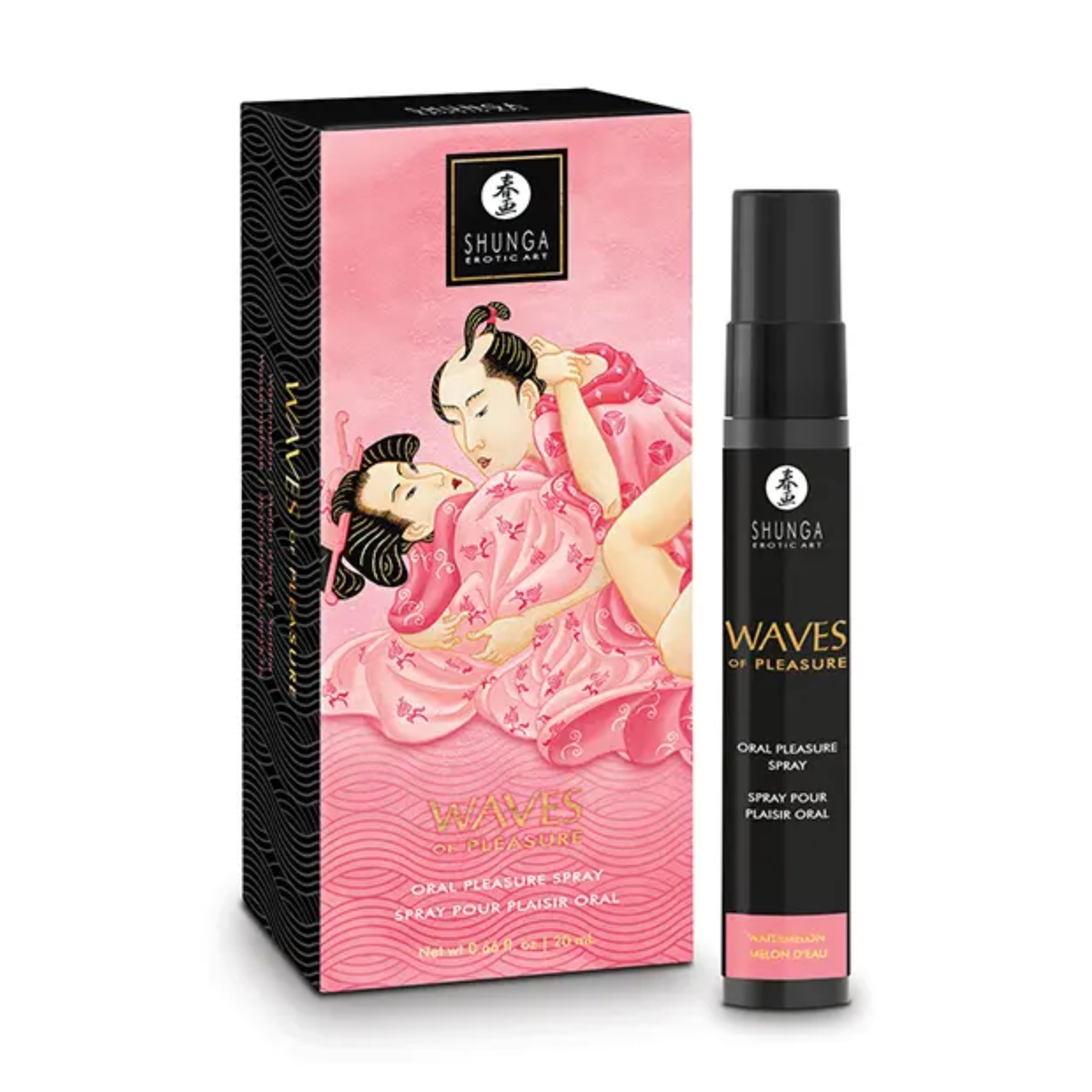 Direct studio shot of the 20 ml (0.66 fl oz) black spray bottle standing beside its pink Japanese-inspired artistic packaging box. Main image