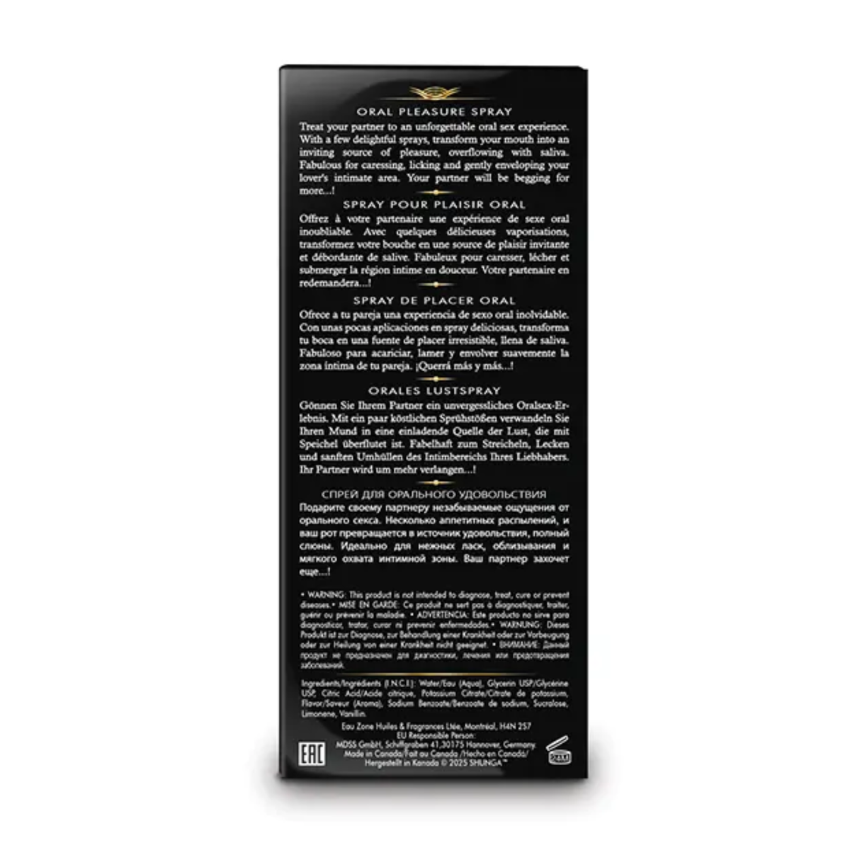 Back panel packaging view displaying multi-language directions, warnings, full ingredients list, barcode, and manufacturer details.