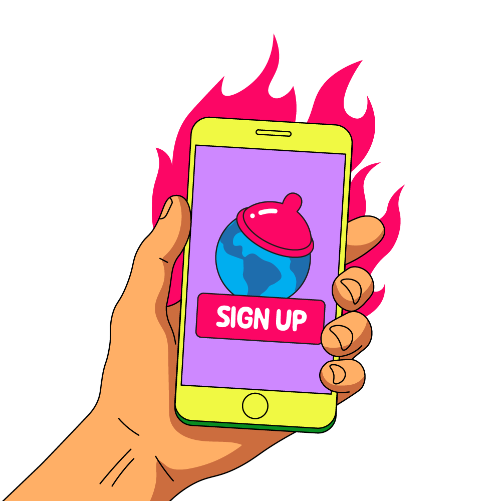 Hand holding a smartphone with a 'Sign Up' button on the screen, surrounded by flames.