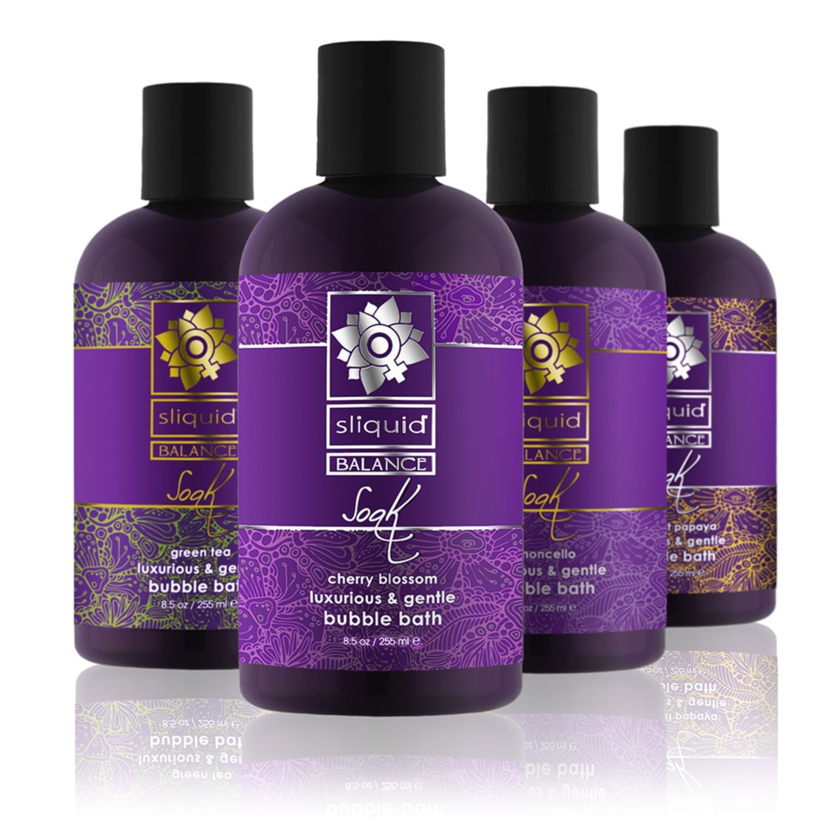 An image of four bottles of Sliquid Balance soak bubble bath collection.