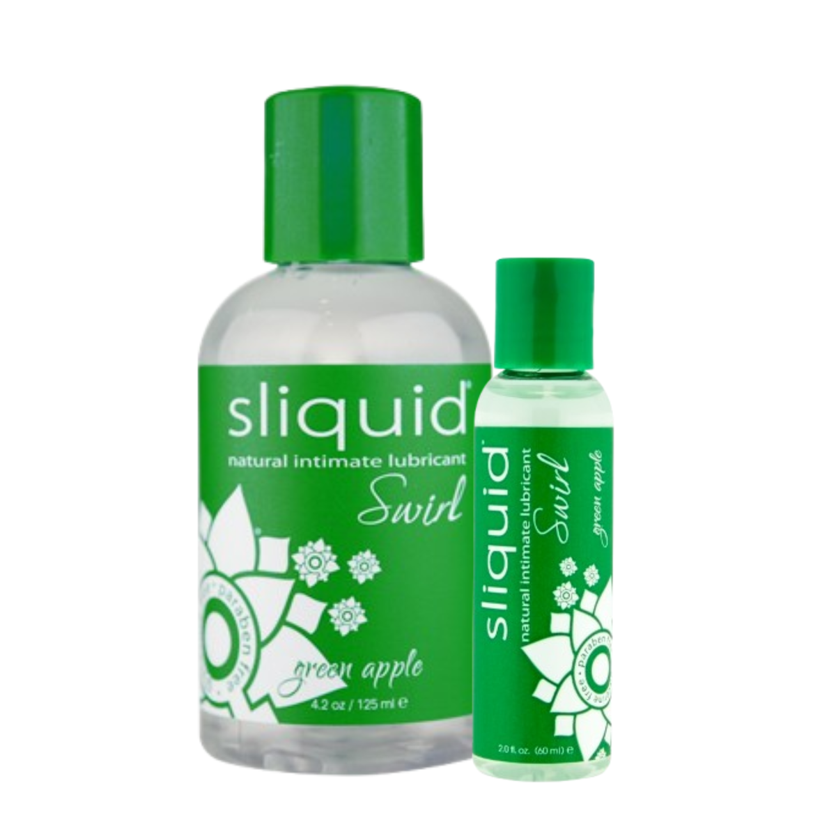 An image of Sliquid Green Apple in 60ml and 125ml bottles in a white background.  Imagen principal del producto