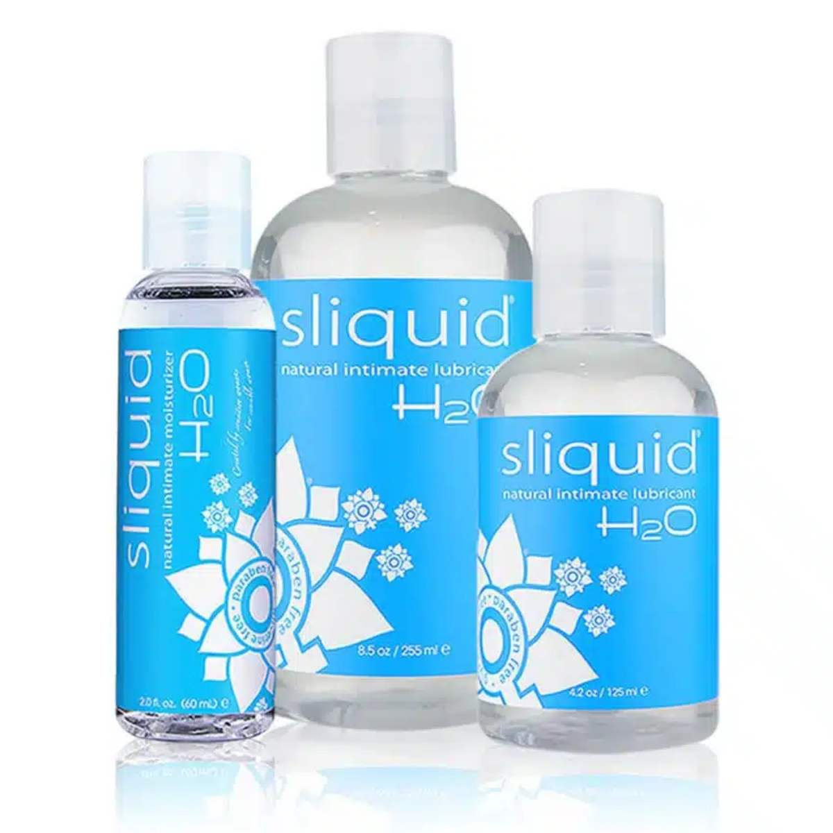 An image of three Sliquid H2O lubricants - 60ml, 125ml, and 255ml in a white background. 