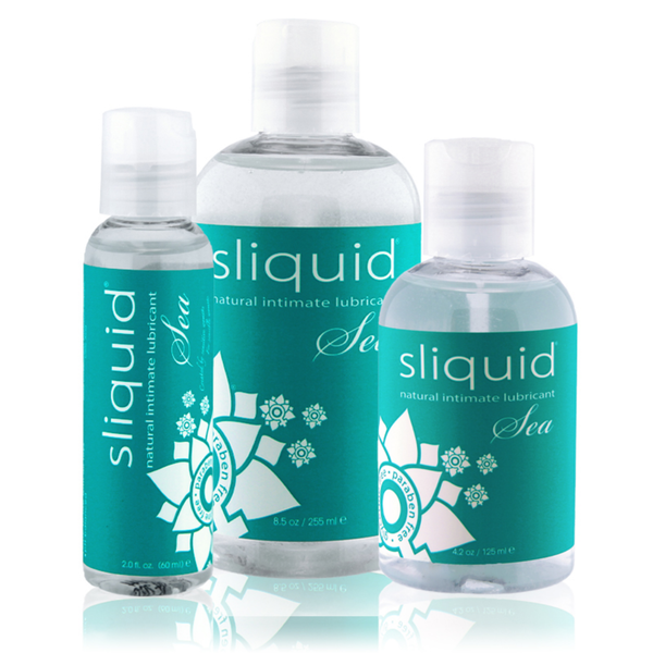 An image of Sliquid Naturals Sea in bottles of 60ml, 125ml, and 255ml.