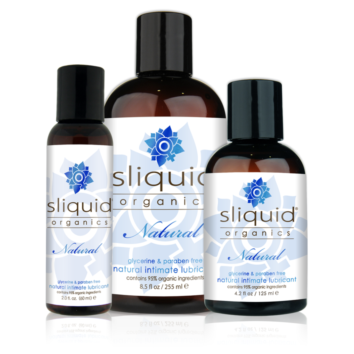 An image of Sliquid Organics Natural in bottles of 60ml, 125ml, and 255ml. Main image