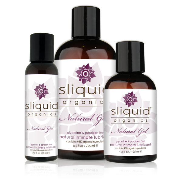 An image of Sliquid Organics Natural Gel in bottles of 60ml, 125ml, and 255ml.
