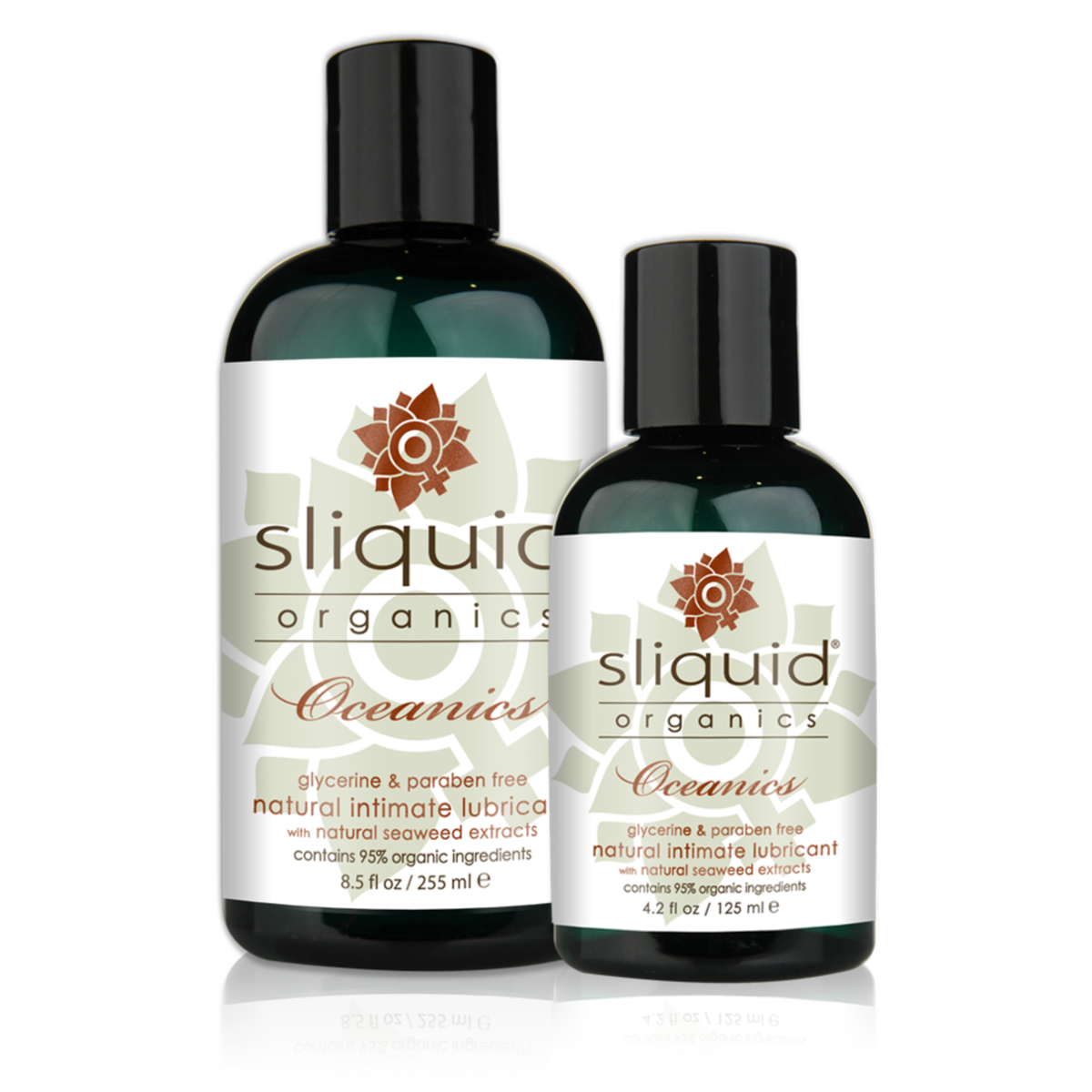 An image of 125ml and 255ml bottles of Sliquid Organics Oceanic Lubricant in a white background. Main image