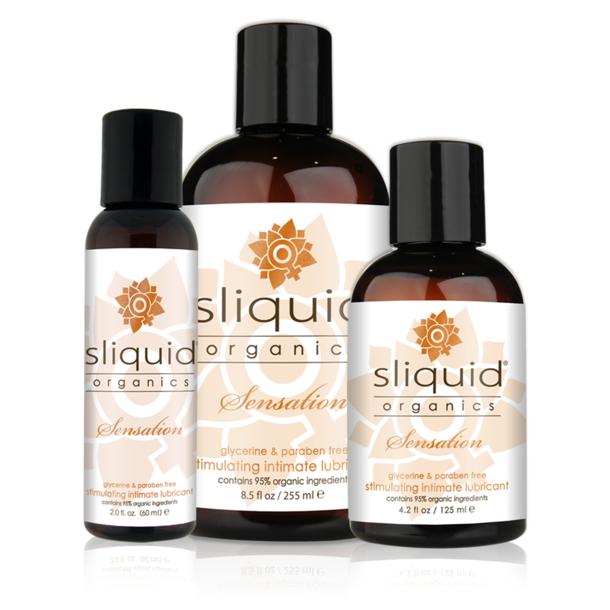 An image of Sliquid Organics Sensation in bottles of 60ml, 125ml, and 255ml. Main image