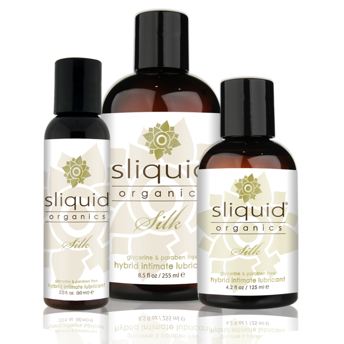 An image of Sliquid Organics Silk Hybrid in bottles of 60ml, 125ml, and 255ml. Main image