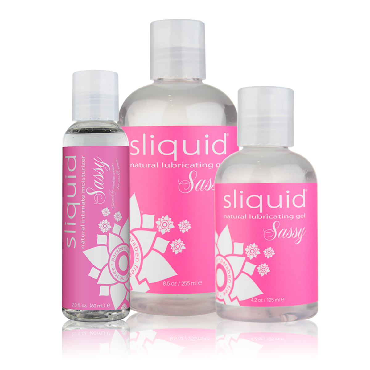 An image of Sliquid Sassy Natural Lubricant in bottles of 60ml, 125ml and 255ml.