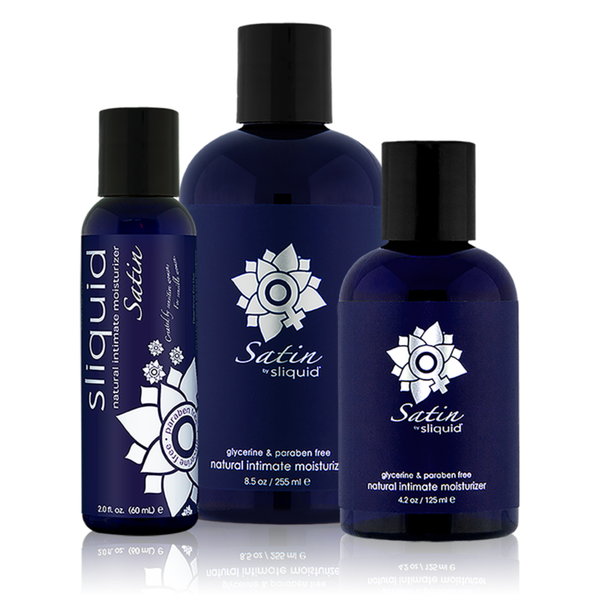 An image of Sliquid Satin in bottles of 60ml, 125ml, and 255ml.