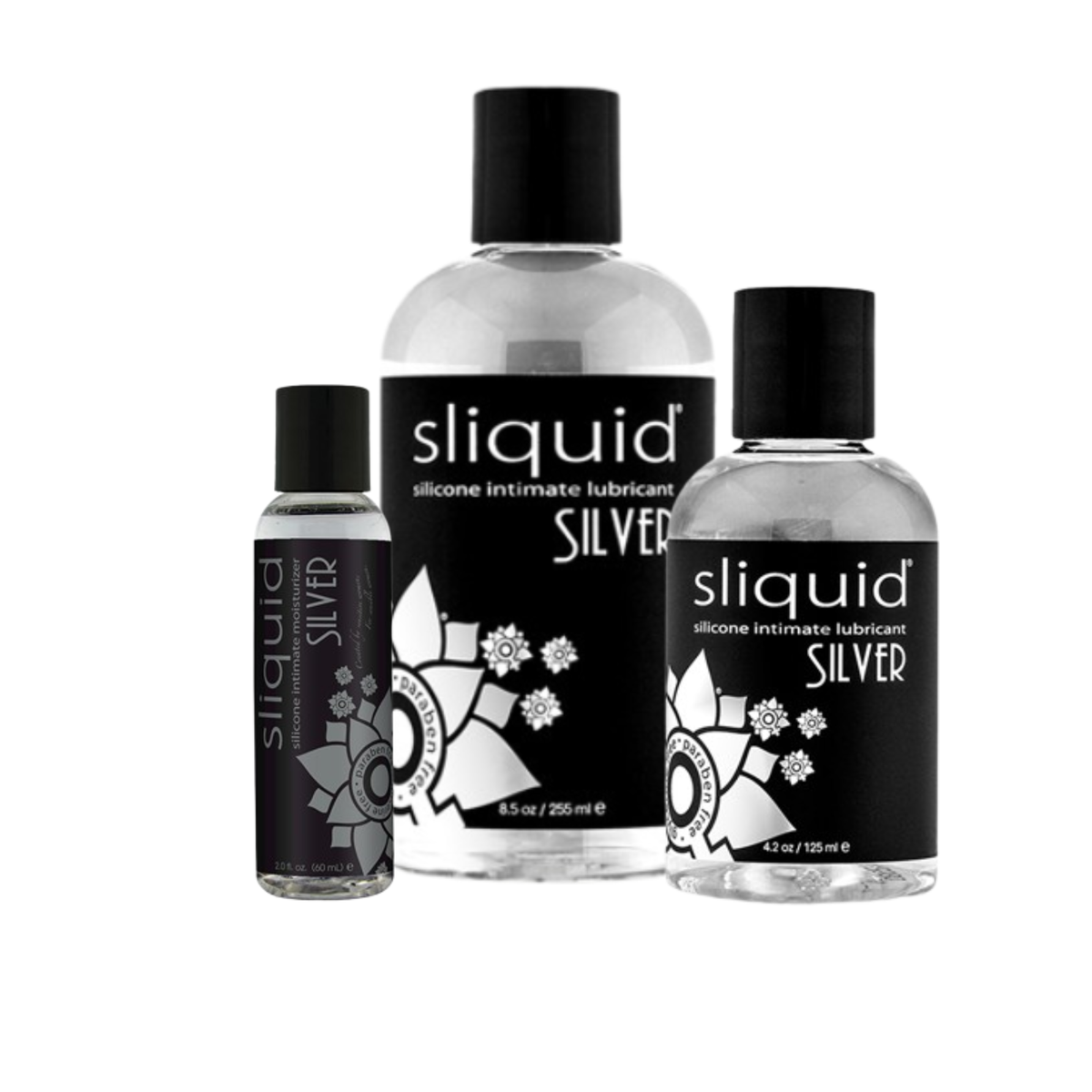 An image of Sliquid Silver Silicone Lubricant in bottles of 60ml, 125ml and 255ml. Main image