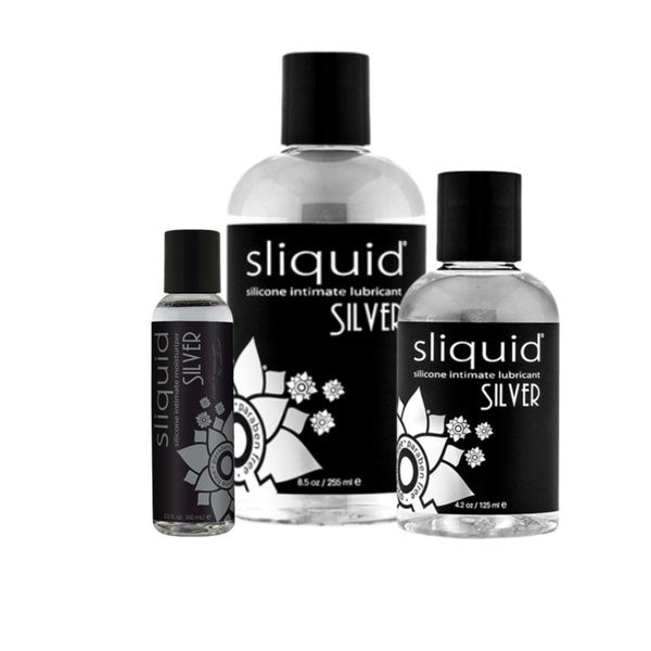 An image of Sliquid Silver Silicone Lubricant in bottles of 60ml, 125ml and 255ml.