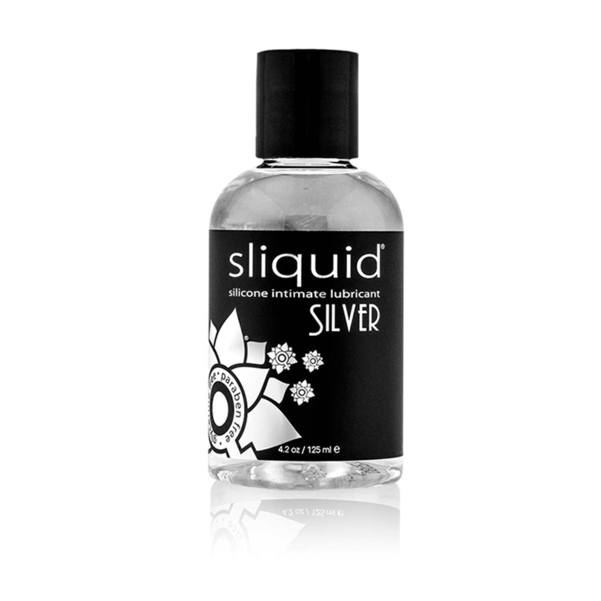 An image of Sliquid Silver Silicone Lubricant 125ml bottle in a white background.