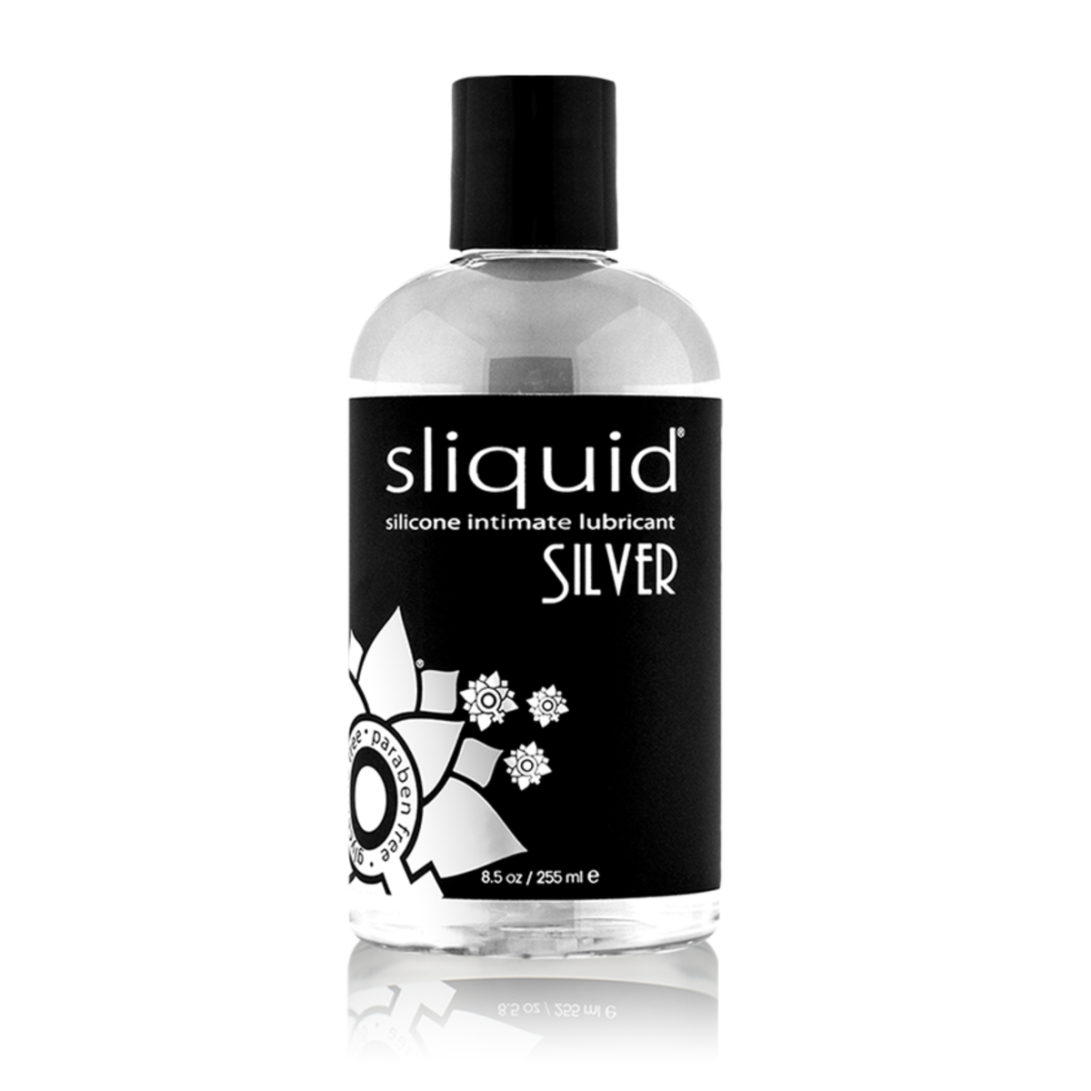 An image of Sliquid Silver Silicone Lubricant 255ml bottle in a white background.