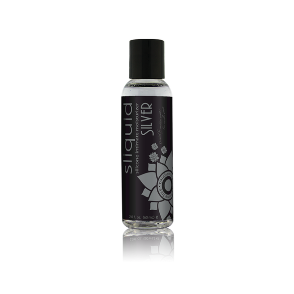 An image of Sliquid Silver Silicone Lubricant 60ml bottle in a white background.