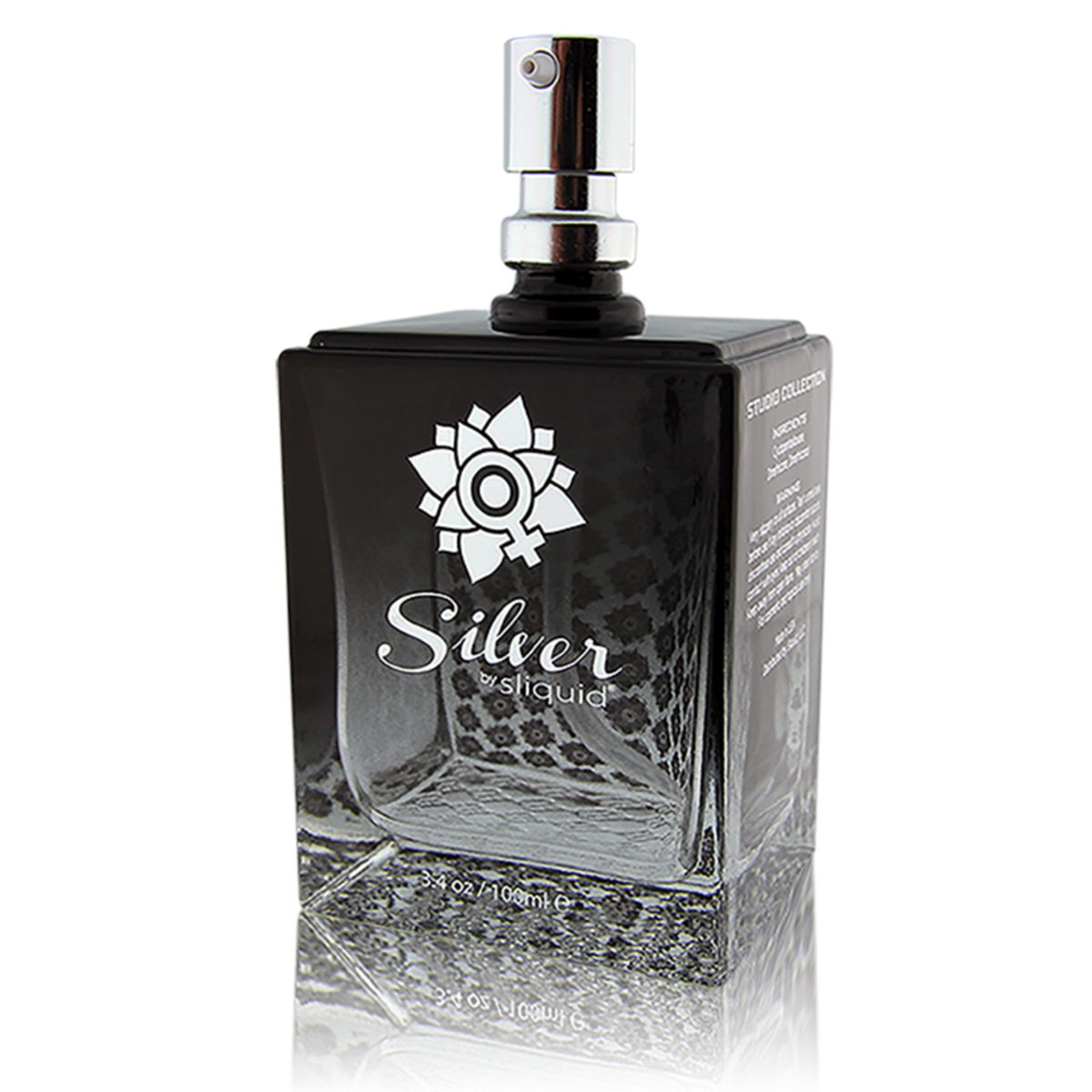 An angled view of Sliquid Silver Studio Collection 3.4 fl.oz bottle in a white background.