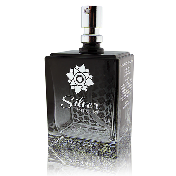 An angled view of Sliquid Silver Studio Collection 3.4 fl.oz bottle in a white background.