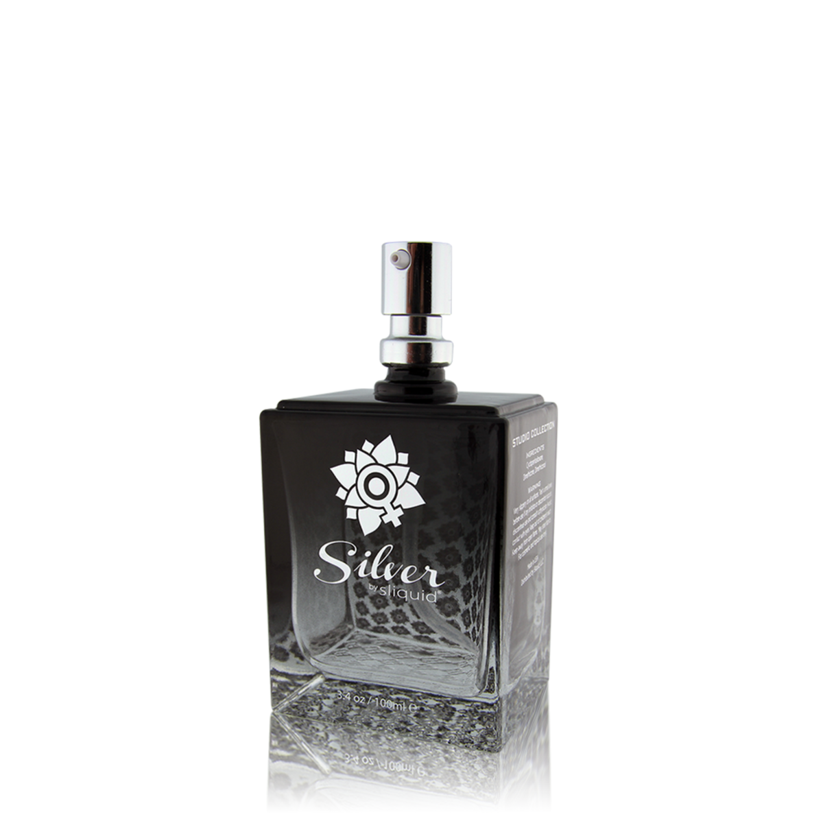 An angled image of Sliquid Silver Studio Collection 3.4 fl.oz bottle in a white background.
