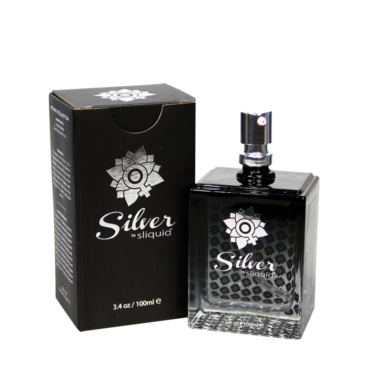 An image of Sliquid Silver Studio Collection 3.4 fl.oz bottle together with its original packaging in a white background.