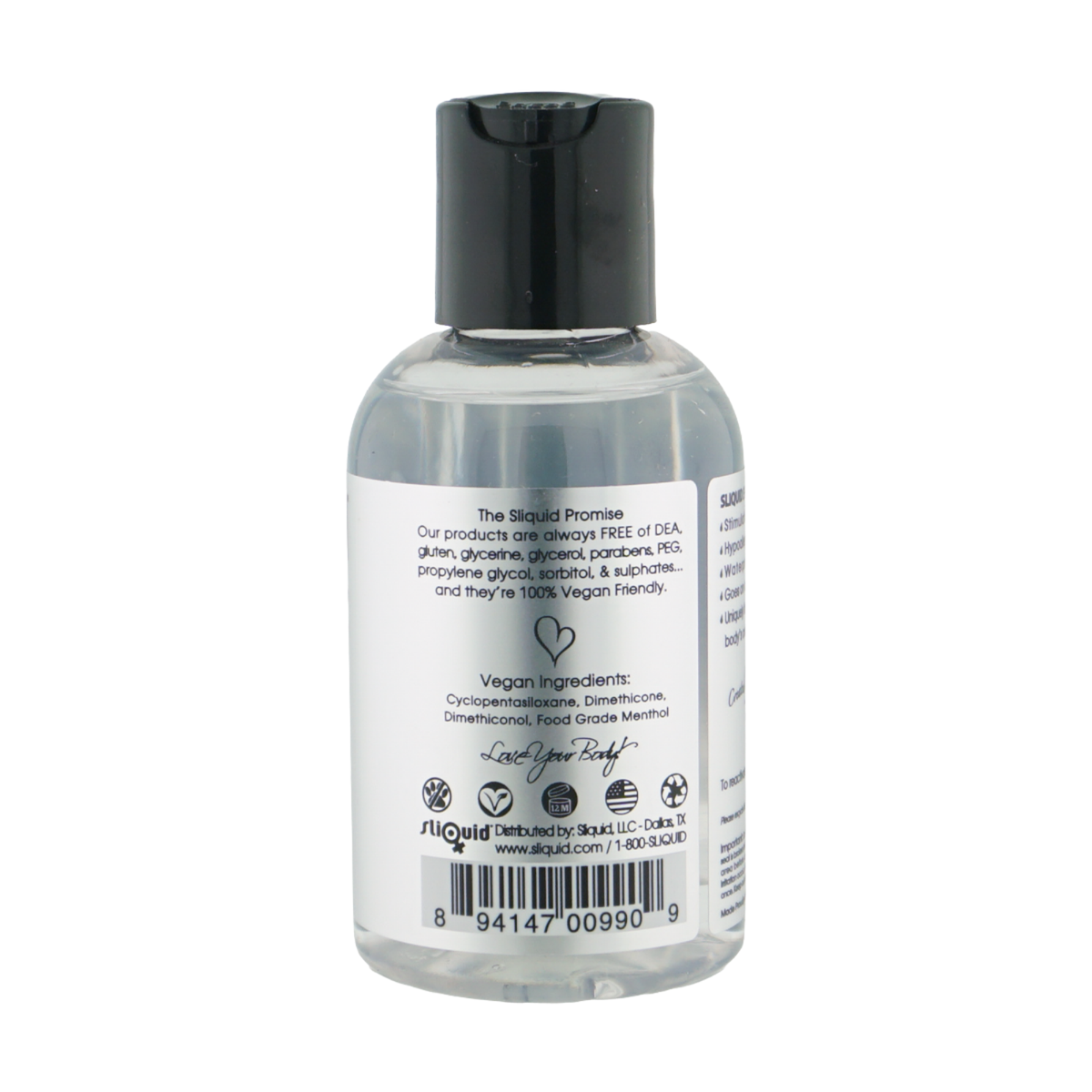 Side label view highlighting "The Sliquid Promise" ingredient exclusions, vegan silicone formula, distributor information, and UPC barcode.