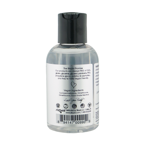Side label view highlighting "The Sliquid Promise" ingredient exclusions, vegan silicone formula, distributor information, and UPC barcode.