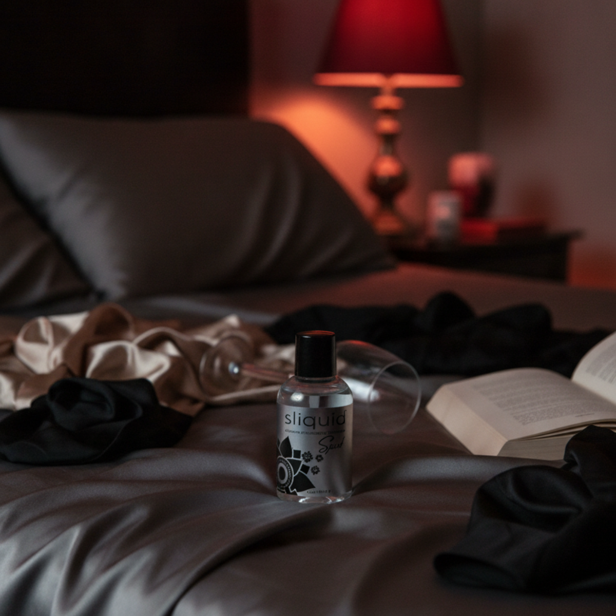 Mood lifestyle photo of the Sliquid Spark bottle sitting on dark silk bedding next to an open book, empty wine glass, and warm bedside lamp.