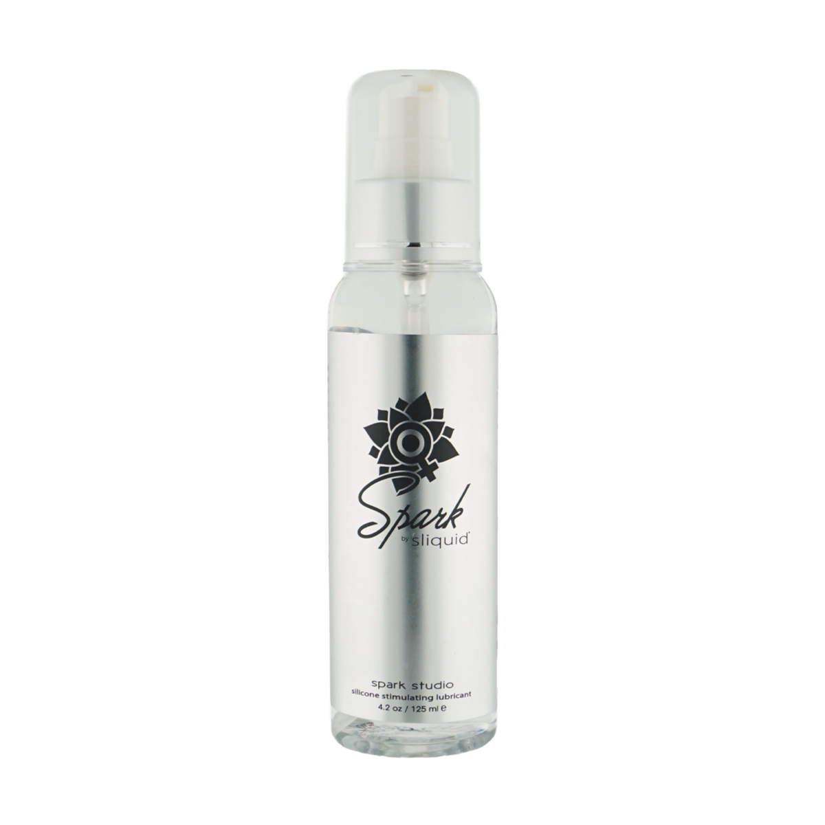Front studio view of the clear 4.2 fl oz (125 ml) pump bottle of Sliquid Spark Studio silicone stimulating lubricant with a metallic silver label and clear cap. Main image