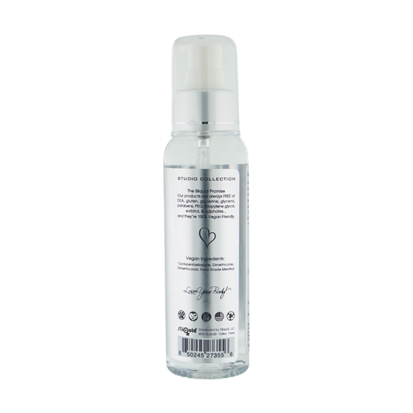 Side label shot showing "The Sliquid Promise" ingredient exclusions (free of DEA, gluten, glycerine, parabens, PEG, and sulfates), 100% vegan formula ingredients, distributor details, and barcode.