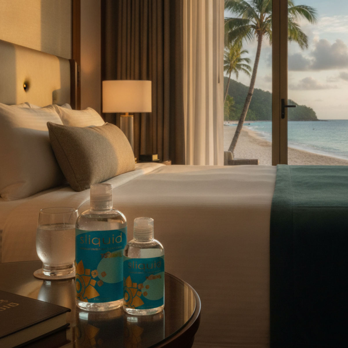 Lifestyle product shot showing two clear bottles of Sliquid Tsunami water-based gel standing on a glass nightstand in a beachfront hotel room overlooking an ocean shoreline.