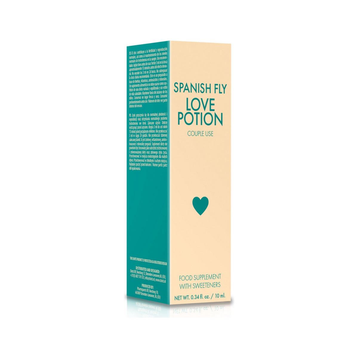  A shot of the "Spanish Fly Love Potion" box. The text on the beige background is in large, teal letters: "SPANISH FLY LOVE POTION COUPLE USE" with a teal heart icon below. 