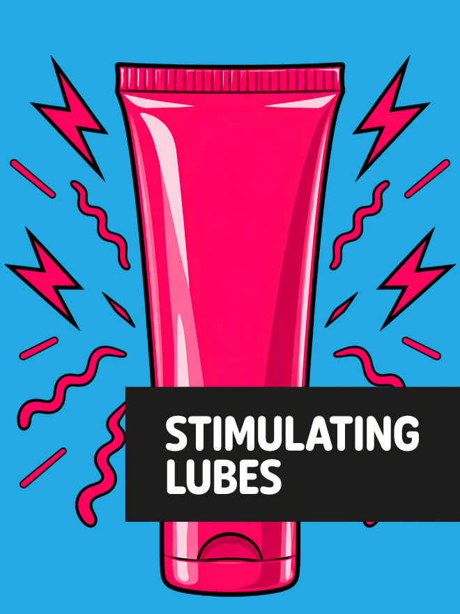 Bright pink tube of stimulating lubricant surrounded by stylized lightning and motion lines on a blue background.