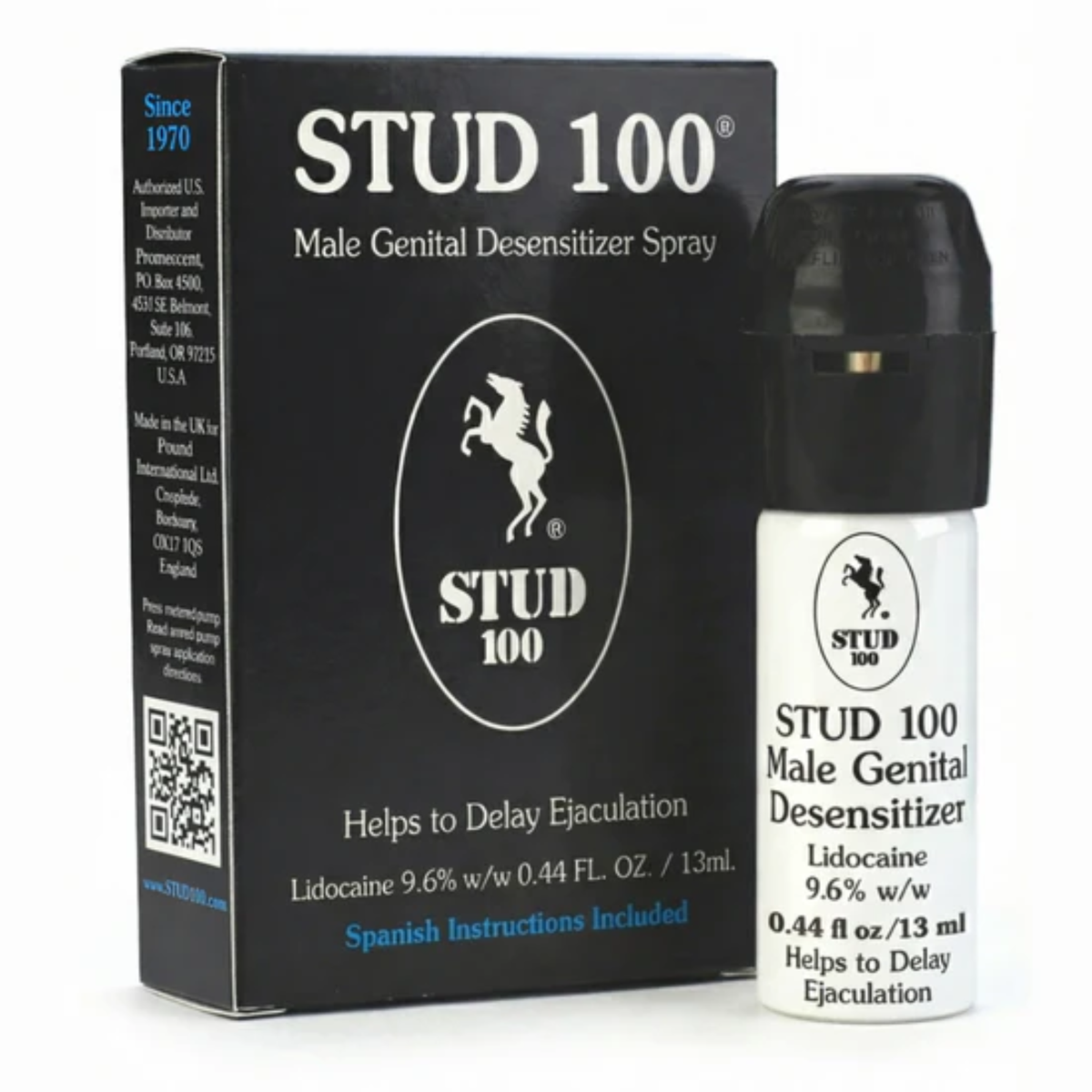 A black retail box and a small white spray bottle of STUD 100 Male Genital Desensitizer Spray. The packaging features a white stallion logo and highlights that the formula contains Lidocaine 9.6% w/w. The text notes it "Helps to Delay Ejaculation" and includes Spanish instructions.