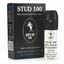 A black retail box and a small white spray bottle of STUD 100 Male Genital Desensitizer Spray. The packaging features a white stallion logo and highlights that the formula contains Lidocaine 9.6% w/w. The text notes it "Helps to Delay Ejaculation" and includes Spanish instructions.