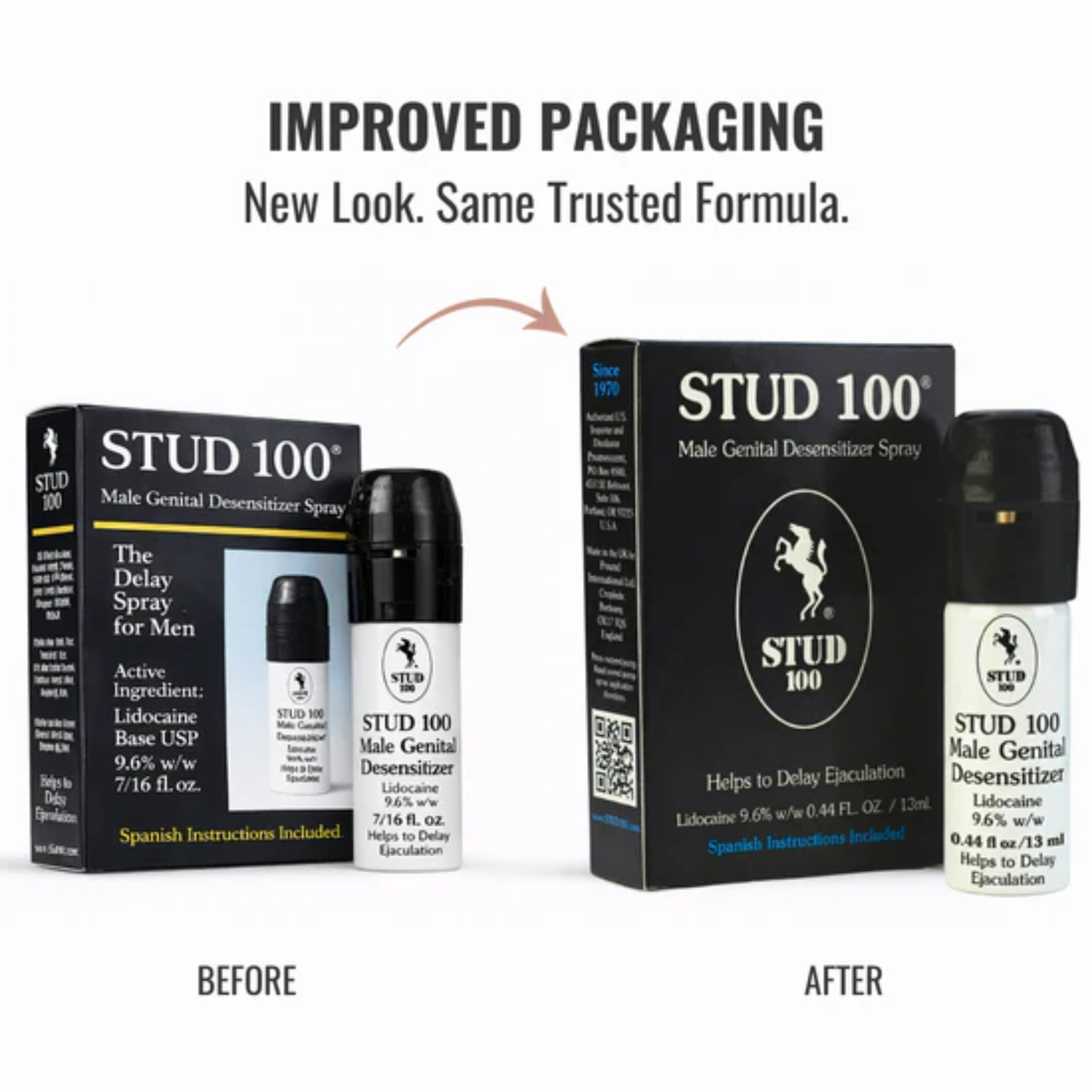 A "Before" and "After" comparison titled "IMPROVED PACKAGING." It shows the transition from an older box design with a yellow stripe to the new, sleek all-black "After" design, noting it is a "New Look" with the "Same Trusted Formula."