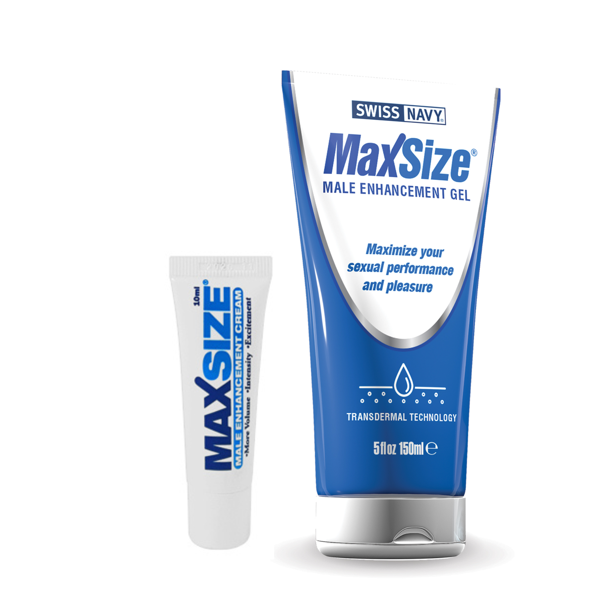 A side-by-side product shot of Swiss Navy MaxSize male enhancement products against a plain white background. On the left is a small, 10ml travel-sized white squeeze tube. On the right is a larger, 150ml (5 fl. oz.) white and blue stand-up tube with a metallic silver flip-top cap. Main image