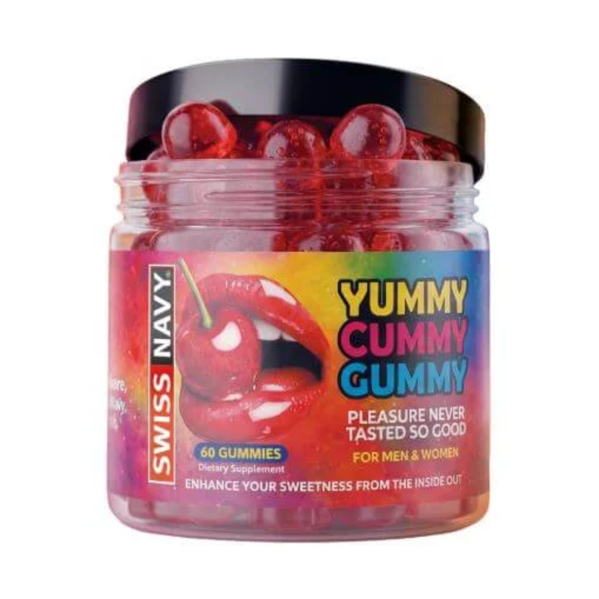 Direct studio shot of the 60-count clear jar with its lid off, showing the red round gummies visible inside.