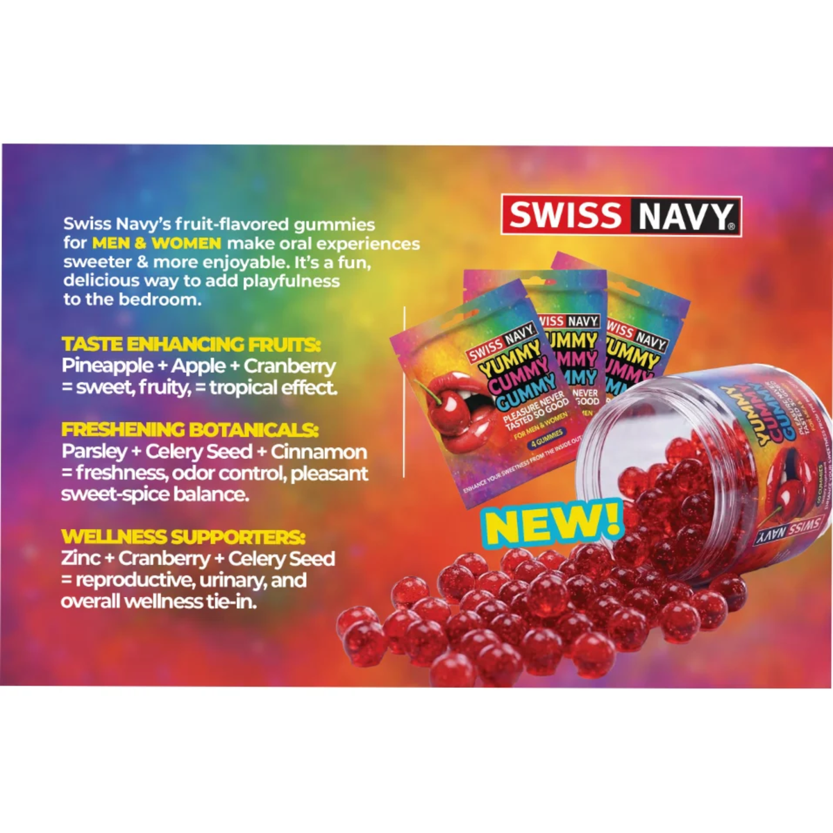 Promotional graphic highlighting key ingredient benefits—taste-enhancing fruits (pineapple, apple, cranberry), freshening botanicals (parsley, celery seed, cinnamon), and wellness supporters (zinc, cranberry, celery seed)—alongside product pouches and an open jar of red gummies spilling out.