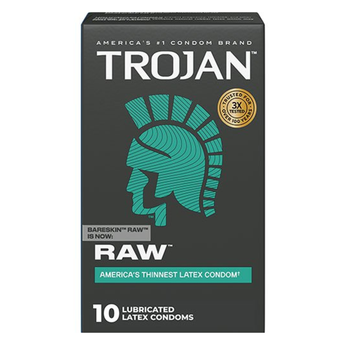 A retail box for Trojan Raw condoms against a clean white background. The upper portion of the black cardboard box features the white "TROJAN" logo below the tagline "AMERICA'S #1 CONDOM BRAND." The center features a stylized Trojan helmet logo in a vibrant teal color, next to a circular gold seal that reads "TRUSTED FOR OVER 100 YEARS • 3X TESTED." A small banner notes "BARESKIN™ RAW™ IS NOW: RAW™" directly above the main product name. 