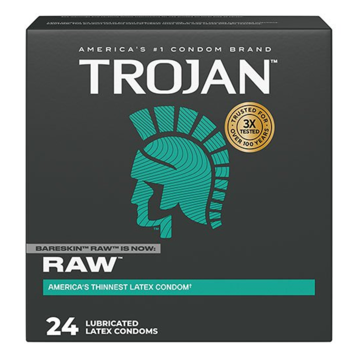 A retail box for Trojan Raw condoms against a clean white background. The upper portion of the black cardboard box features the white "TROJAN" logo below the tagline "AMERICA'S #1 CONDOM BRAND." The center features a stylized Trojan helmet logo in a vibrant teal color, next to a circular gold seal that reads "TRUSTED FOR OVER 100 YEARS • 3X TESTED." A small banner notes "BARESKIN™ RAW™ IS NOW: RAW™" directly above the main product name.  Imagen principal del producto